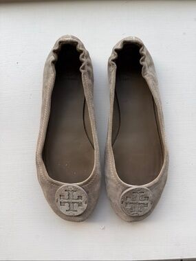 Tory Burch Taupe Suede Logo Ballet Flats